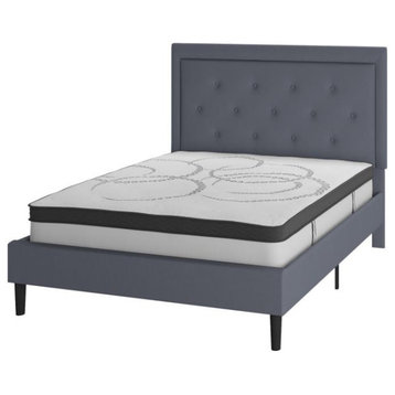 Roxbury Tufted Upholstered Platform Bed -10 Inch Foam & Pocket Spring Mattress, Light Gray, Full