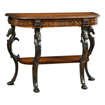 Floral Demilune Console Table with Horse head, Hoofed Cast Legs & Display Shelf
