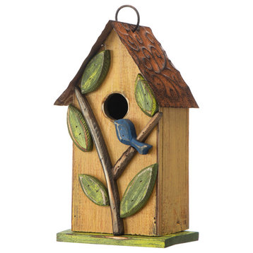 9.75"H Washed Yellow Distressed Solid Wood Birdhouse With 3D Tree and Bird