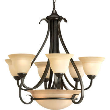 6-Light 2-Tier Chandelier, Forged Bronze With Tea-Stained Shades