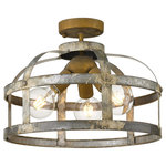 Golden Lighting - Bavaria Semi-Flush, Colonial Steel - This eye-catching fixture is a transitional blend of industrial style and modern trends. Perfect for farmhouse decor, the rust-colored canopy and sockets complement the distressed open cage. Find hints of cream, white, rust, and steel in the weathered  Colonial Steel finish. The fixture is damp rated and may be hung in any indoor application. The low-profile design of this semi-flush accommodates 8-9' ceilings.