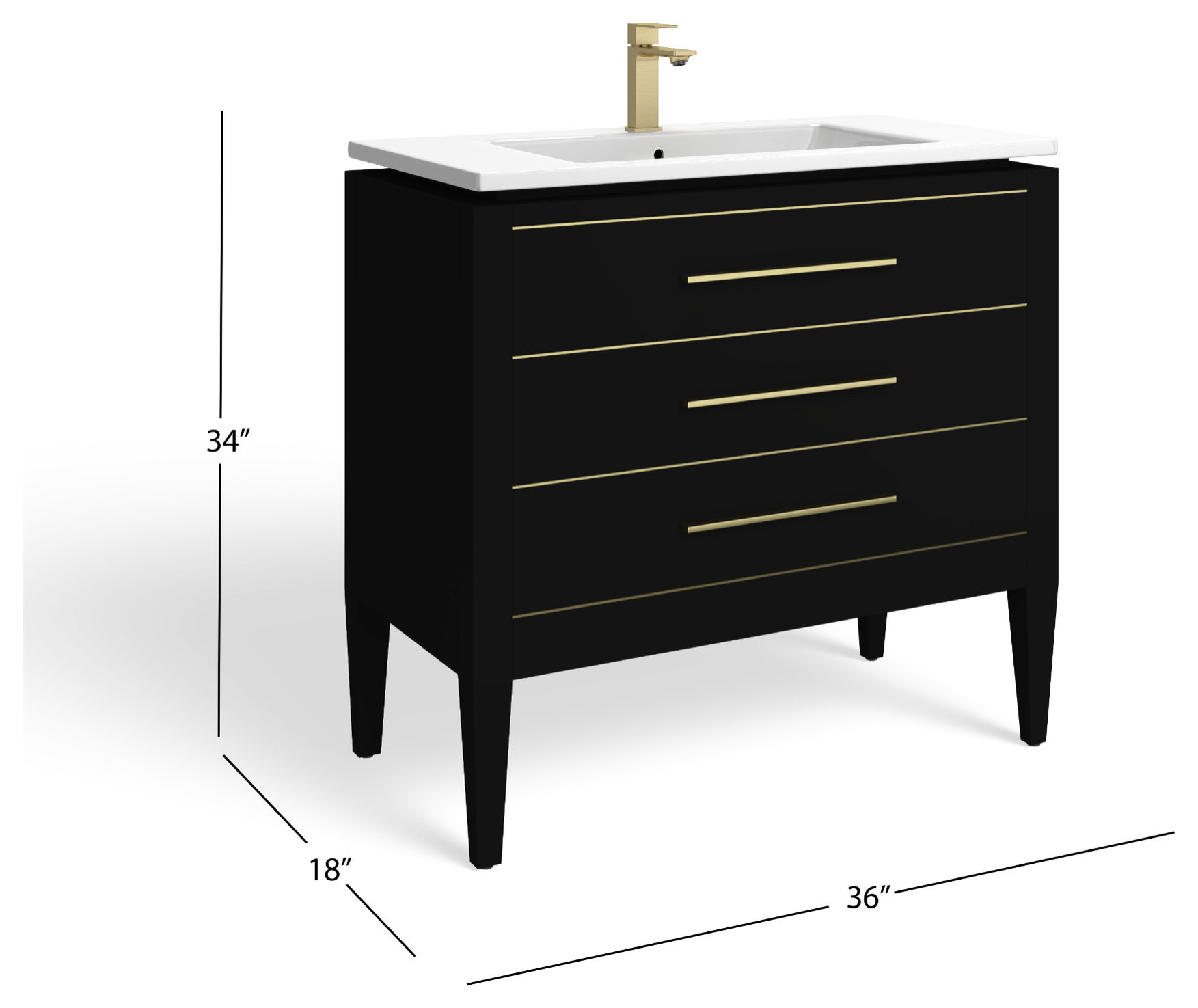 Grace Bathroom Vanity, Black With Brass Trim, 36", Single Sink, Freestanding