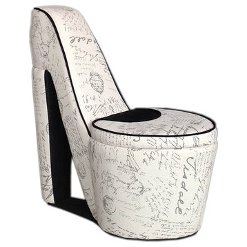32.86" Tall Chair With Storage, High Heel Shoe Design With White Old World Print