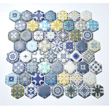 Glass Mosaic Tile Sheet Neve Hexagon 1.5" Blue, White, And Yellow