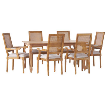 Regan Fabric Upholstered Wood and Cane Expandable 7-Piece Dining Set, Natural Brown/Light Gray