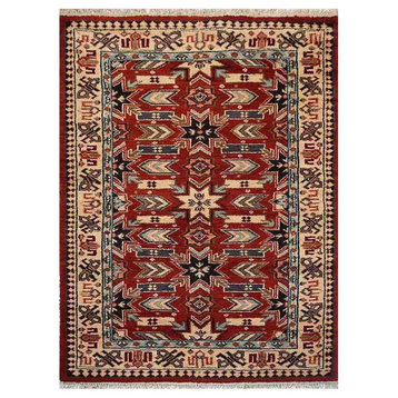 Hand Knotted Afghan Wool And Silk Area Rug Oriental Kazak Red Cream