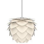 UMAGE - Aluvia Plug-In Pendant, Pearl/Black, Medium - Modern. Elegant. Striking. The VITA Aluvia is an artistic assemblage of 60 precision-cut aluminum leaves, overlapping each other on a durable polycarbonate frame. These metal leaves surround the light source, emitting glare-free, ambient light.  The underside of each leaf is painted white for increased light reflection, and the exterior is finished in one of two different colors: subtle Pearl or dramatic Anthracite. Available in two sizes, the Medium (18.9"H x 23.3"W) can be used as a pendant or hanging wall lamp, while the Mini (11.8"H x 15.7"W) is available as a pendant, table lamp, floor lamp or hanging wall lamp. Hang it over the dining table, position it in a corner, or use as a statement piece anywhere; the Aluvia makes an artistic impact in any room.