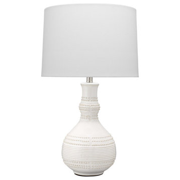 Droplet Table Lamp, White Ceramic With Cone Shade, White Linen