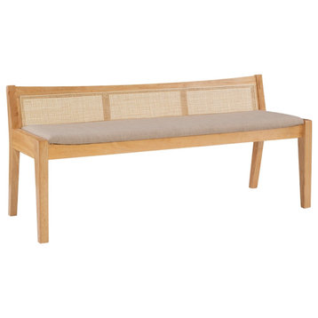 Linon Memphis Wood Bench Woven Cane Back Beige Padded Seat in Natural Finish