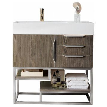 36 Inch Modern Bathroom Vanity, Single, Ash Gray, Glossy White Top, Outlets
