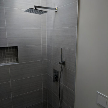 Bold Gray Master Bath Remodel with Barn Door & Skylight — Fremont, CA, 2018