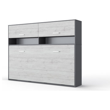 Contempo Horizontal Wall Bed, European Queen Size with a cabinet on top, Grey/White Monaco