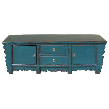 Oriental Distressed Rustic Teal Blue Lacquer Low Console Table Cabinet Hcs4622