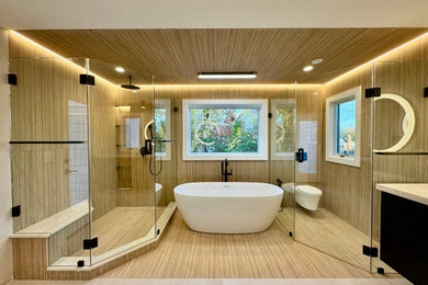 Bathroom - large contemporary master wood-look tile porcelain tile, beige floor, double-sink, wood ceiling and wood wall bathroom idea in New York with flat-panel cabinets, black cabinets, a wall-mount toilet, an integrated sink, a hinged shower door, beige countertops and a floating vanity