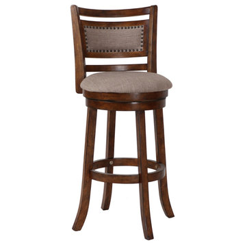 Benzara BM218131 Curved Swivel Barstool with Fabric Padded Seating, Brown/Beige