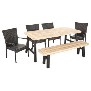 Porto Outdoor 6-Seater Acacia Wood Dining Set With Wicker Stacking Chairs