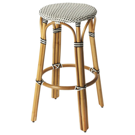30" Natural Black and White Rattan Backless Bar Height Bar Chair