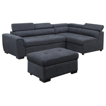 Haris Dark Gray Sleeper Sofa Sectional with Adjustable Headrest, Storage Ottoman