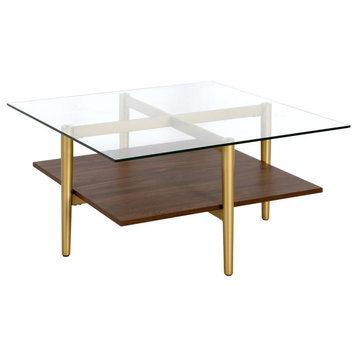 Otto 32 Wide Square Coffee Table with Faux Walnut Shelf in Brass