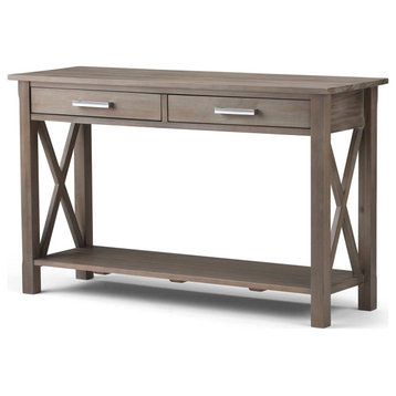 Contemporary Console Table, X Shaped Side Panels With Drawers and Lower Shelf