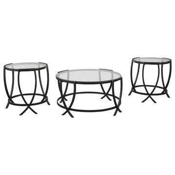 Contemporary Round Table Set With Glass Top And Geometric Metal Body, Black
