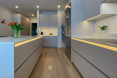 Inspiration for a mid-sized contemporary l-shaped medium tone wood floor and brown floor kitchen pantry remodel in Boston with an undermount sink, flat-panel cabinets, gray cabinets, quartzite countertops, white backsplash, porcelain backsplash, stainless steel appliances, an island and white countertops