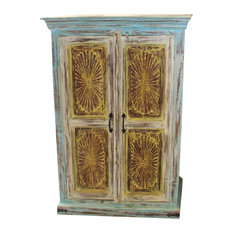 Mogul Interior - Consigned Antique Armoire Indian Cabinet Sunrays Jaipur Yellow Blue Storage - Armoires and Wardrobes
