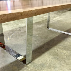 Chrome U leg, single slab live edge monkeypod dining table - Dining Tables
