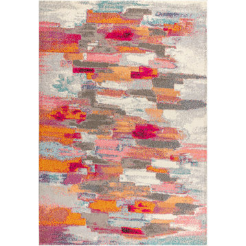 Contemporary POP Modern Abstract Brushstroke Area Rug, Ivory/Pink, 5 X 8