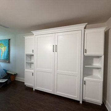 Custom Vertical Queen Murphy Bed with Side Shelving and Storage Cabinets
