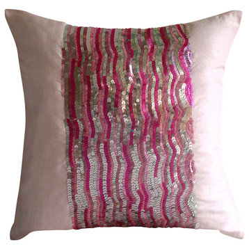 Pink Fuchsia And Silver Sequins 18"x18" Silk Throw Pillows Cover, Pink Angel