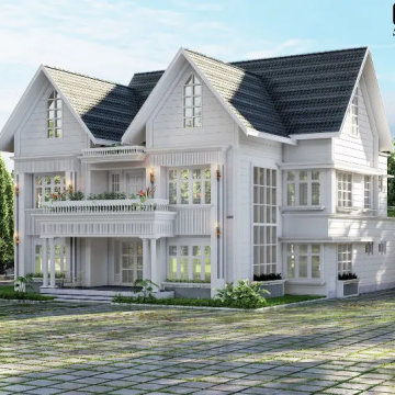 Elegant Two-Story American Colonial Home with Balcony and Gabled Roof