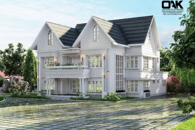 Elegant Two-Story American Colonial Home with Balcony and Gabled Roof
