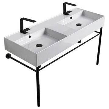Double Ceramic Wall Mounted Sink With Matte Black Stand, Two Hole