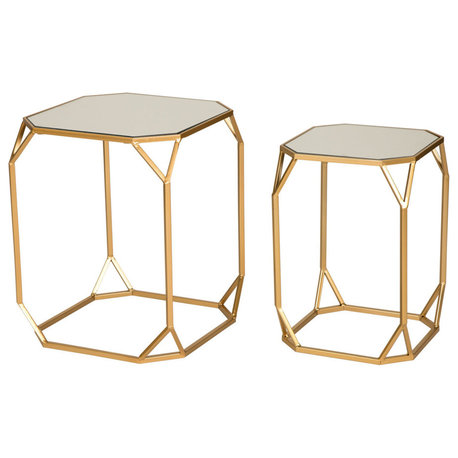 Metal With Glass Gold Accent Table 15.5"W, Set of 2