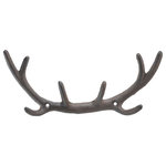 Import Wholesales - Cast Iron Wall Hook Rack, Deer Antlers, 11.25"W - This deer antlers wall hook rack is 11.25" wide. The rack features 4 hooks perfect for hanging Keys, Coats and Towels! Perfect for your hunting cabin. Made of cast iron with a Distressed Brown color. Features Holes for easy Mounting.