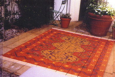 Faux kilim rug in an outdoor space at a Miami hotel.