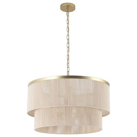 GetLedel 23.8" 6-Light Dimmable Handwoven Drum Chandelier, Gold/Beige