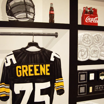 Pittsburgh Steelers 1970's Themed Locker Room Murals in a Home Gym/Game Room