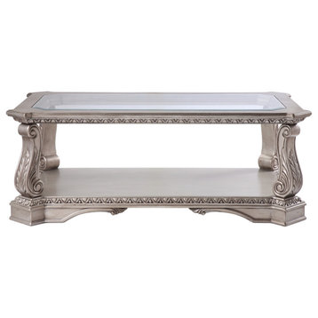 Benzara BM194278 Wooden Coffee Table With Inserted Glass Top, Silver & Clear
