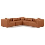 Meridian Furniture - Cube Upholstered Modular Sectional, Cognac, 5-Piece: 2 Armless Chair, 3 Corner Chair, Vegan Leather - Elevate your space with the luxurious Cube Vegan Leather Modular Sectional. This modular sectional exudes modern elegance, charm, and comfort making it a perfect addition to any contemporary living space. Its clean lines and cube shape are reminiscent of minimalist design, while the plush cognac vegan leather upholstery adds a touch of luxury and sophistication. The chair's versatile construction and geometric aesthetic seamlessly integrate into various design styles, from sleek living rooms to chic home offices, embodying the essence of modern design and creating a sense of order and tranquility in your space.