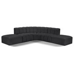 Meridian Furniture - Arc Vegan Leather Upholstered 6-Pc. L-Shaped Modular Sectional, Black - Unleash modern opulence with the Arc Vegan Leather 6pc. Sectional. Crafted for the modern connoisseur, this Sectional injects an air of refined luxury into any space. Its sleek silhouette, upholstered in supple black vegan leather, exudes timeless sophistication while the deep channel tufting adds textural intrigue, further elevating the chair's visual appeal. The modular design makes it a versatile chameleon, effortlessly adapting to your evolving needs and preferences. Whether you envision it gracing a chic living room corner, basking in the glow of a bedroom window, or adding a touch of drama to a home office, the Arc seamlessly complements your unique interior aesthetic.