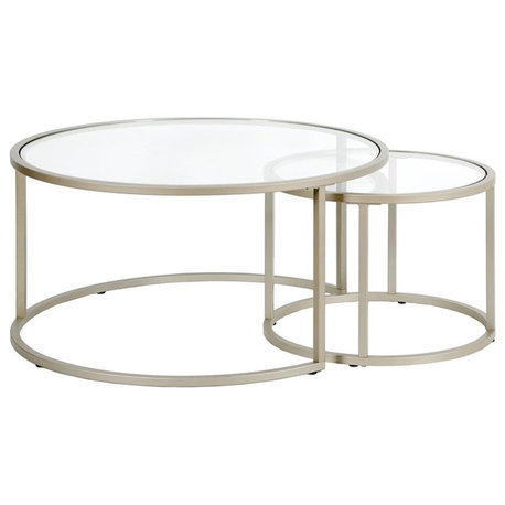 Henn&Hart Metal Double Nested Round Coffee Table in Nickel/Gray with Glass Top
