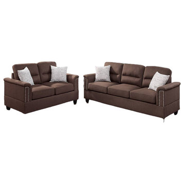 Halen 2 Piece Sofa Set With Pillows Included, Chocolate Polyfiber