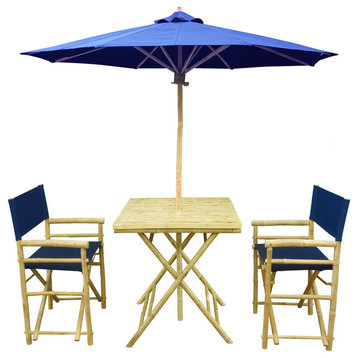 Set of Bamboo Square Table, 2 Director Chair, 1 Umbrealla, Indigo