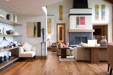 Living room - large modern formal and open concept medium tone wood floor living room idea in Denver with white walls, a standard fireplace and no tv