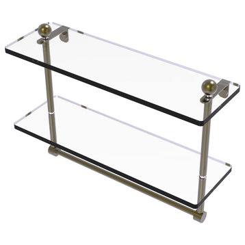 16" Two Tiered Glass Shelf with Integrated Towel Bar, Antique Bronze