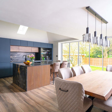 Blue and Oak Handleless Kitchen in Northwood