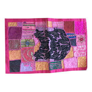 Mogul Interior - Pink Vintage Throw Kutch Embroidered Tapestry Wall Throw - Tapestries