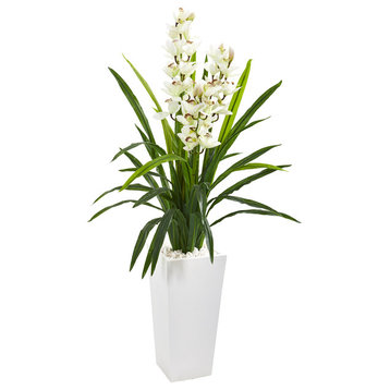 Nearly Natural 4.5� Cymbidium Orchid Artificial Plant in White Tower Planter